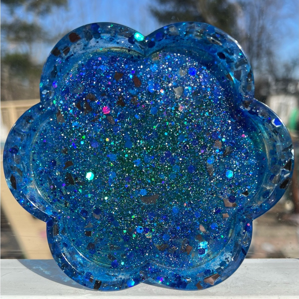 Handmade Blue Glitter Resin Flower trinket tray